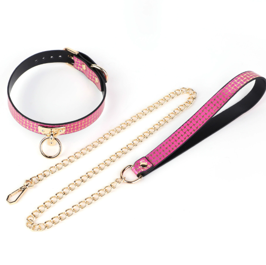 Rose-patterned glossy bondage traction collar with adjustable buckle