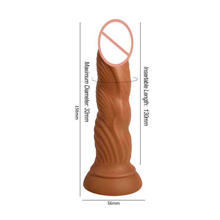 Rounded liquid silicone vibrating dildo with textured surface and suction-cup base