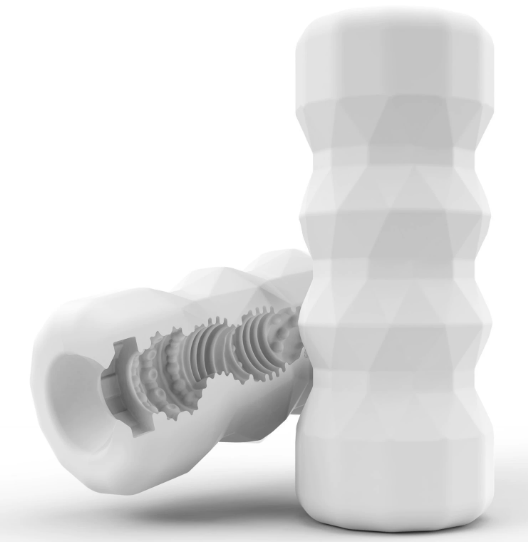 Compact masturbator cup with faceted diamond-cut exterior shell