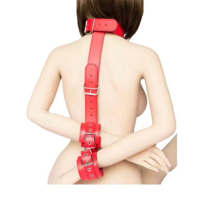 SM Leather backhand back handcuffs up and down bind — view 4