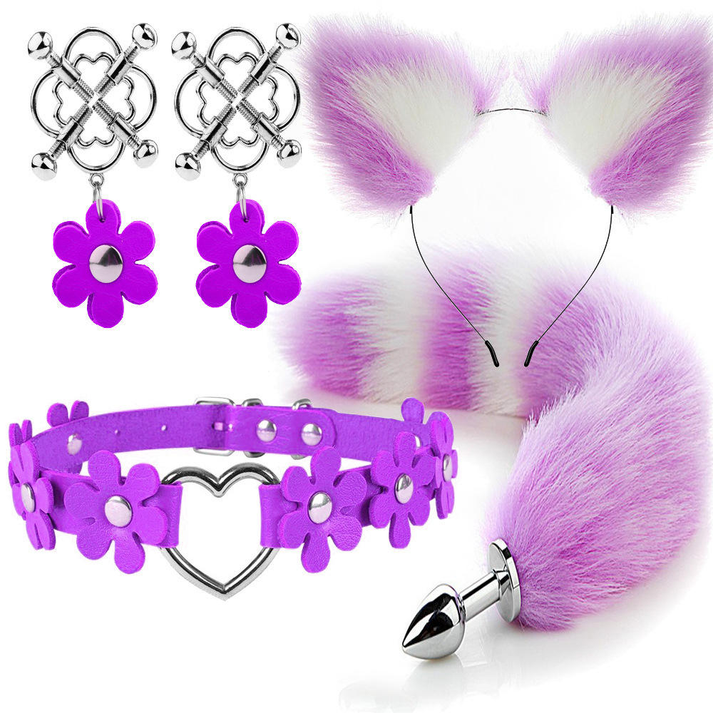 Sexual Products SM Metal Tail Anal Plug Four-piece Set Flower Plum Blossom Pendant Clover Fox Tail — view 3