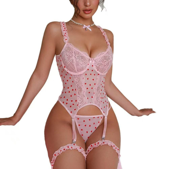Sheer lace corset-style bodysuit paired with fishnet stockings