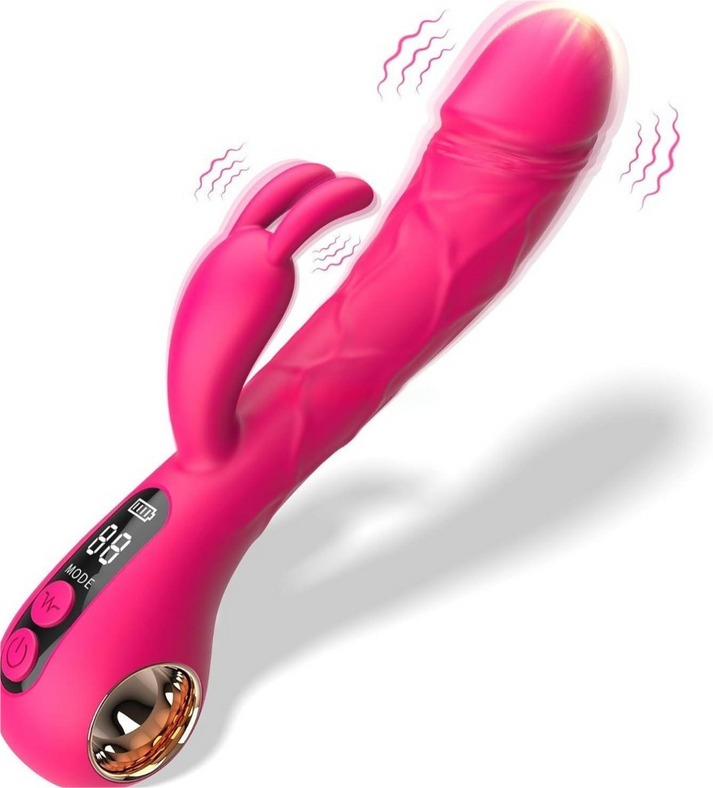 Realistic silicone rabbit vibrator with clitoral ears, LCD display and handle