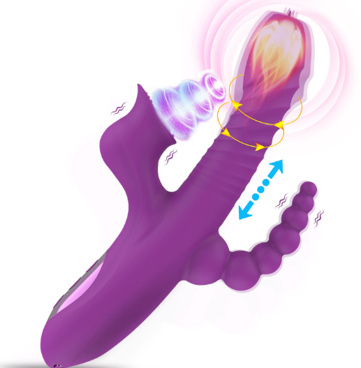 Thrusting vibrator with three stimulation points and warming shaft