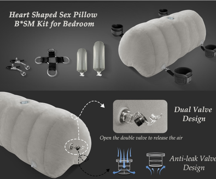 Heart Shaped Inflatable Bedroom Dildo £，Upsize Pillow with Bondage Cuffs, Cross Strap, Nipple Clamps BDSM Kit — view 4