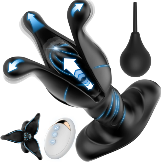 Inflatable vibrating butt plug with tapered tip, flared base and wireless remote