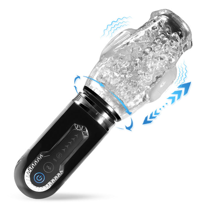 Telescopic rotating male masturbator cup