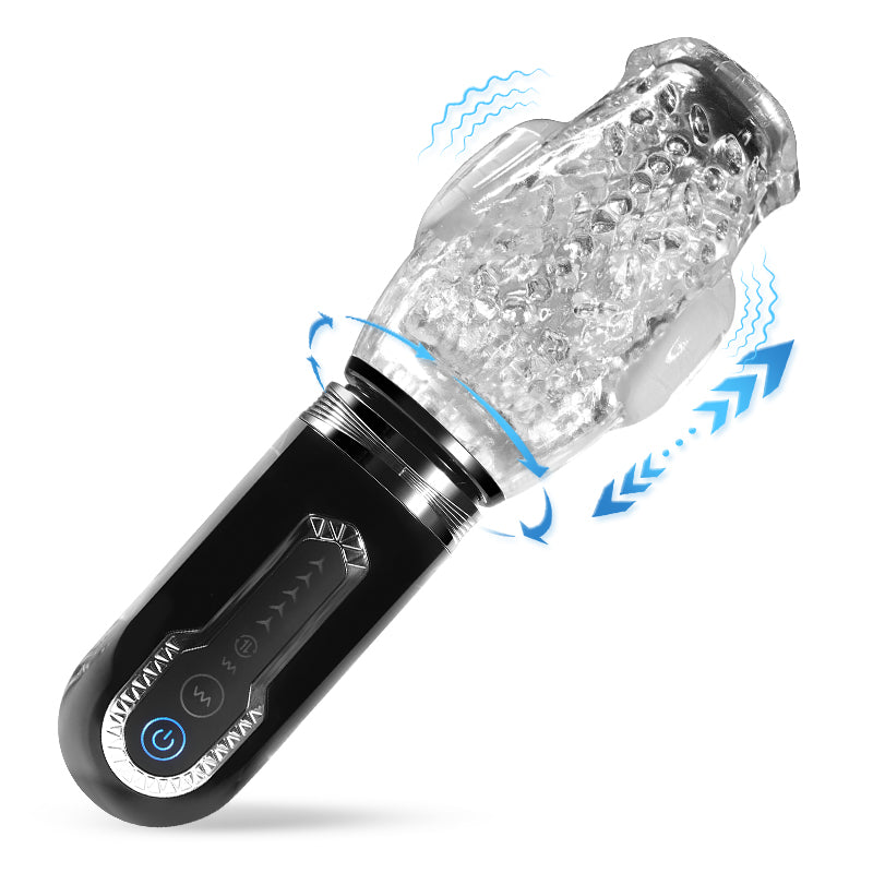 Telescopic rotating male masturbator cup