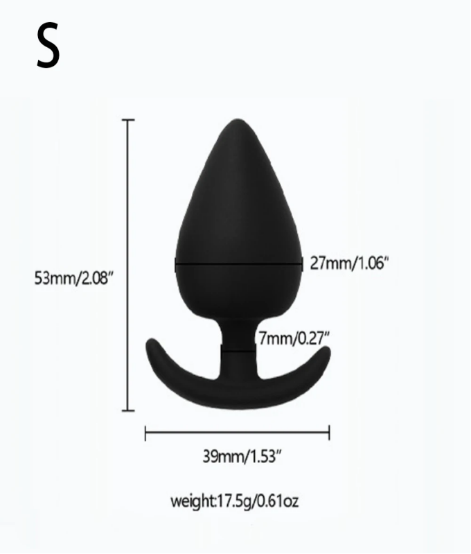 Black silicone butt plug with flared base in four graduated sizes