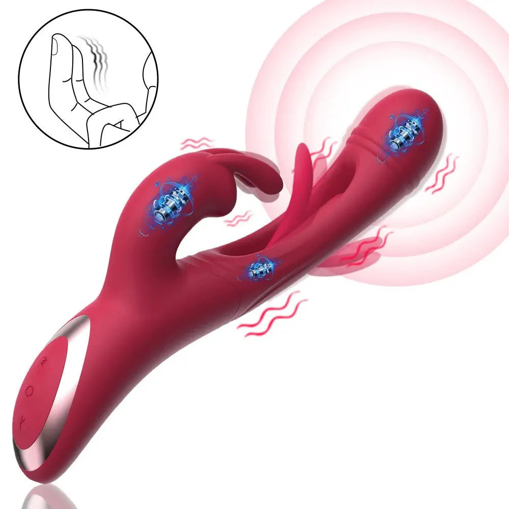 G-spot rabbit vibrator shown in full front view with dual stimulator