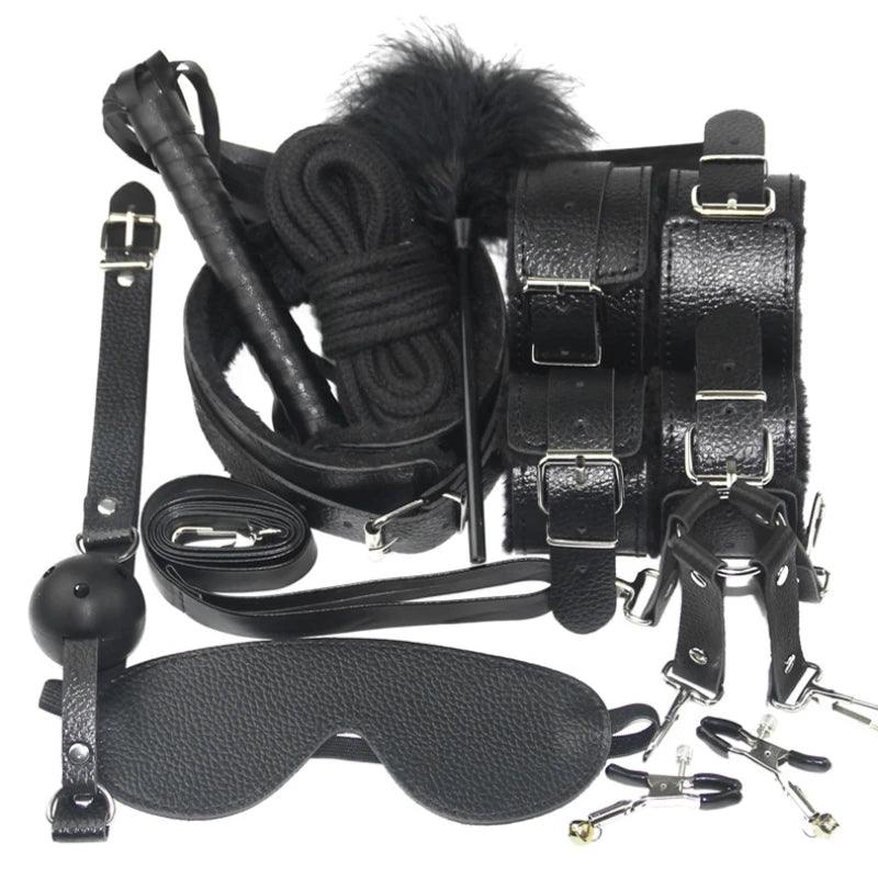 Leather BDSM Kit Bondage Set Sex Games Handcuffs Whip sm - extra detail view