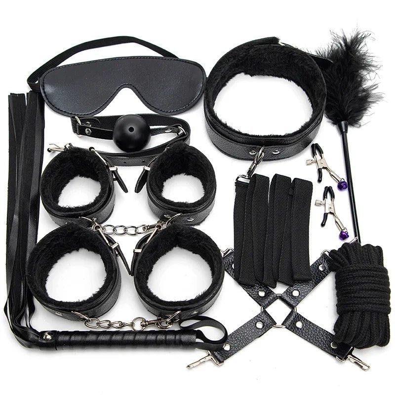 Leather BDSM Kit Bondage Set Sex Games Handcuffs Whip sm - product detail image