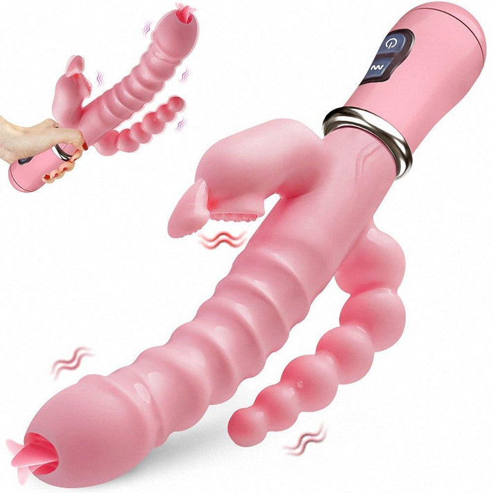 Silicone double-rod rabbit vibrator with a dildo shaft, licking tongue and slim anal rod