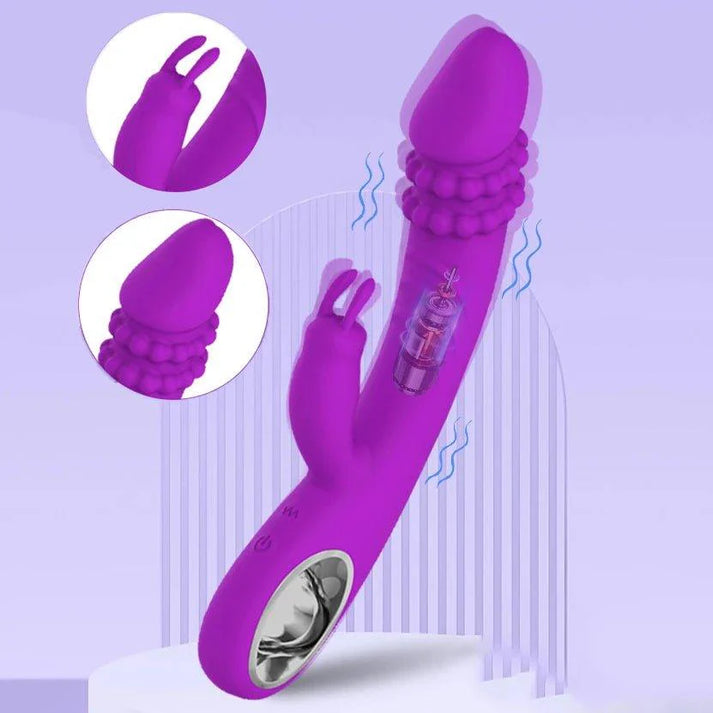 Silicone rabbit vibrator with clitoral suction head and curved shaft