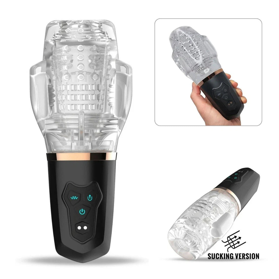 Seductiva Cyclone Crystal Glow sucking & vibrating male masturbator — clear TPE sleeve with black handle, compact mid-size automatic stroker