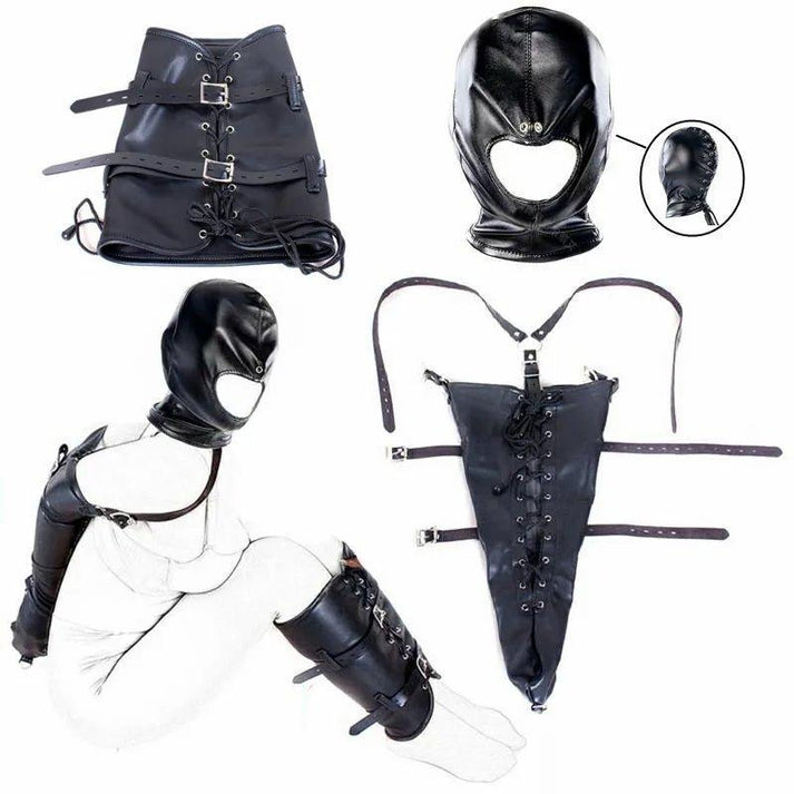 Sex Bdsm Bondage Handcuffs Toys Kit with Leather Open Mouth Mask Hood