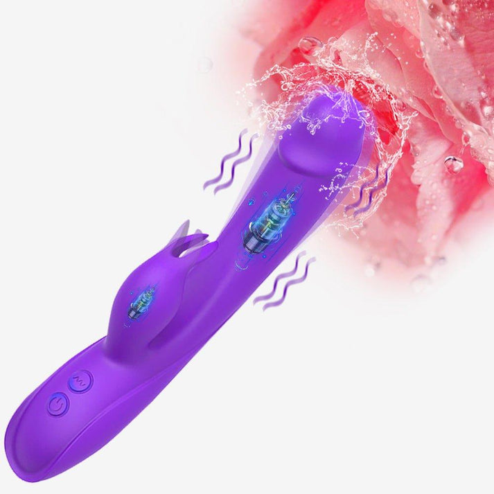 Soft silicone rabbit vibrator with thrusting shaft and air-pulse suction clitoral arm
