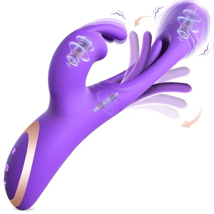 Rabbit vibrator with tapping G-spot shaft and flapping clitoral arm, with USB cable