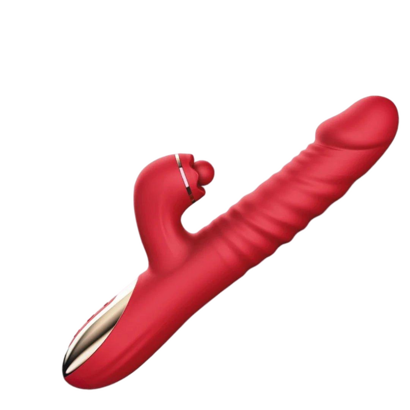 Thrusting dildo vibrator with clitoral stimulator