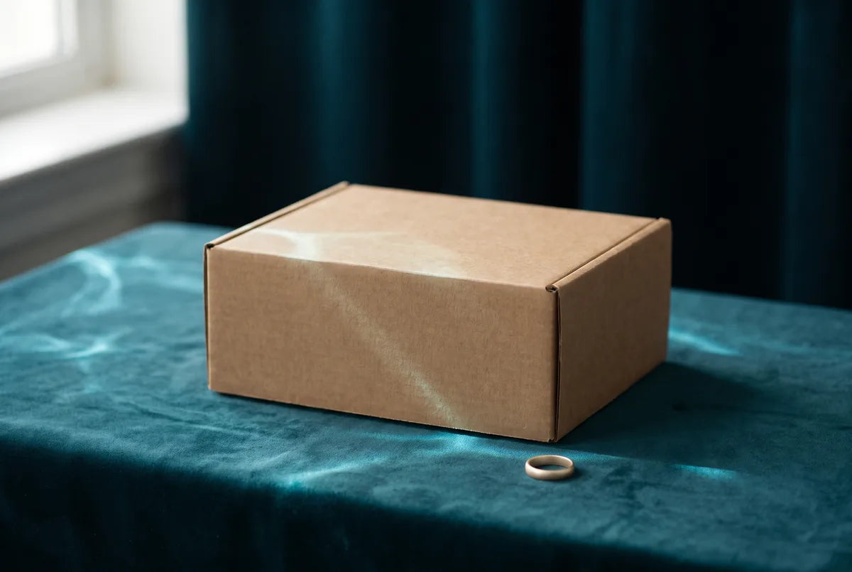 A plain unmarked kraft box on deep-teal velvet